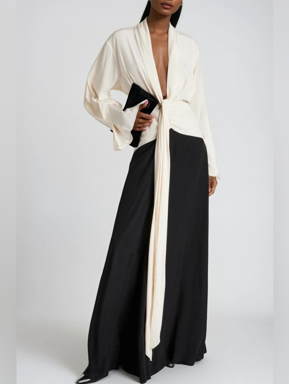 Two-Tone Ivory and Black Maxi Dress with Draped Front